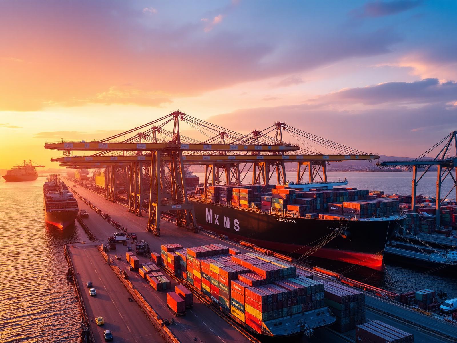 Global container port at dusk — sourcing operations
