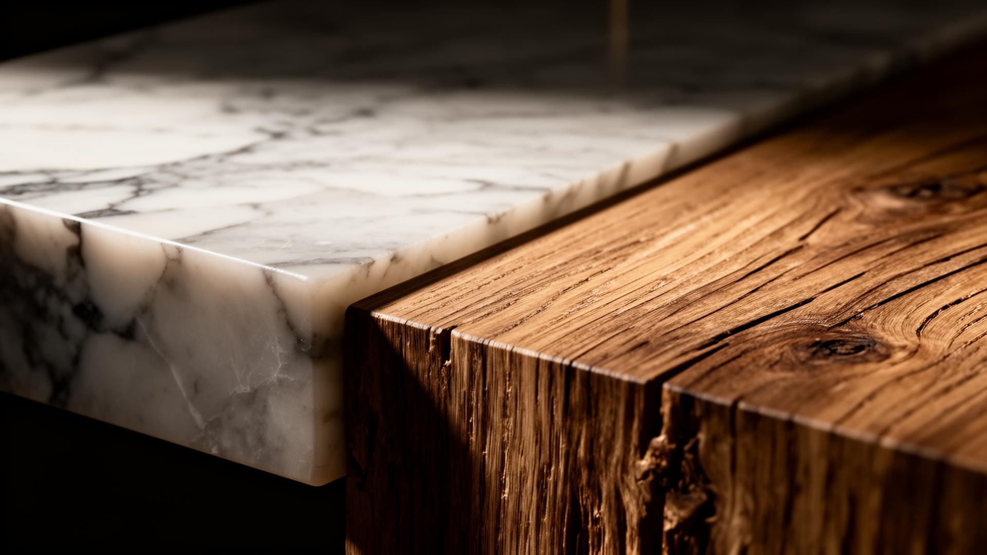 Marble meeting raw oak — material macro